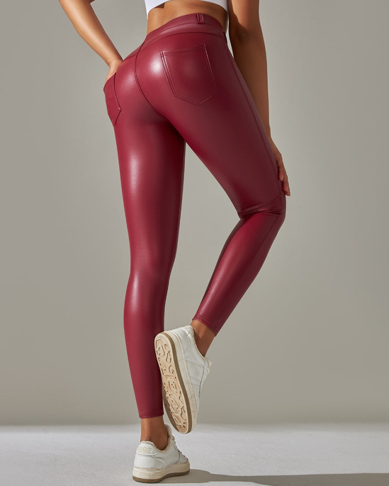 Pantalones de cuero PU de cintura alta ajustados para deportes y yoga slim