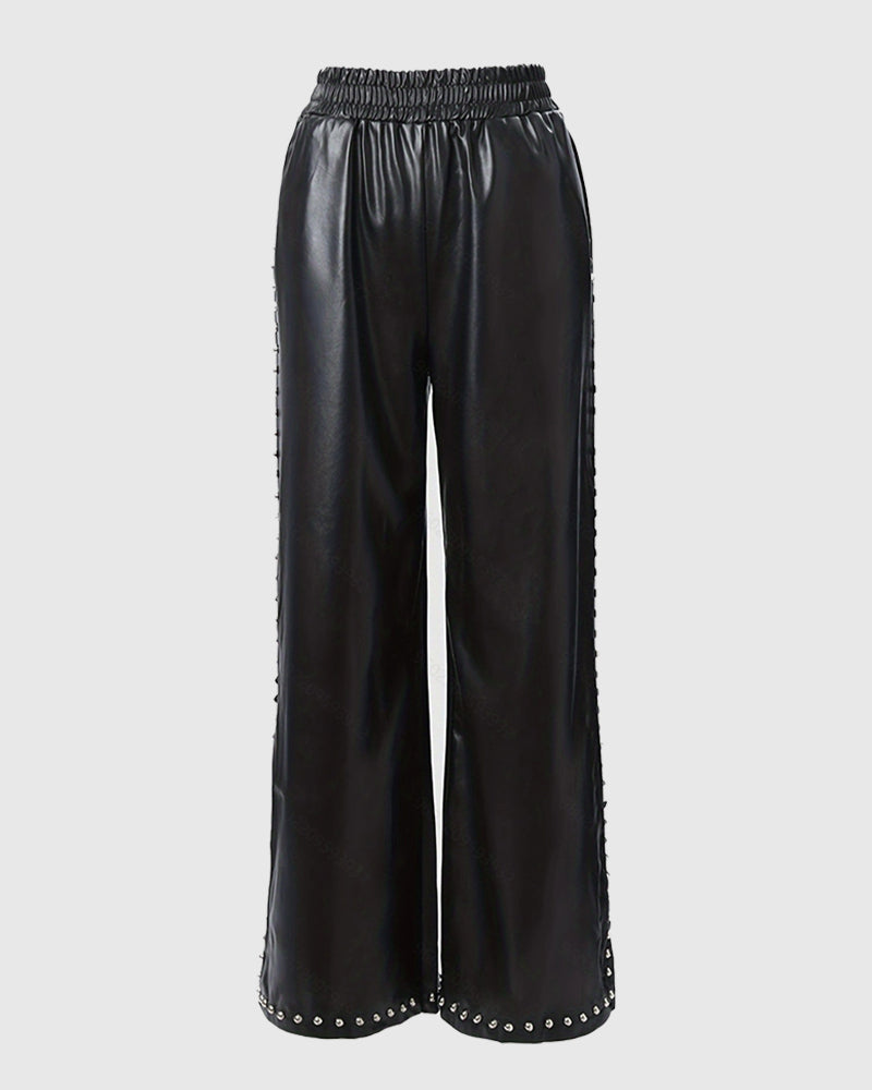 Pantalones de cuero sueltos y anchos con cuentas