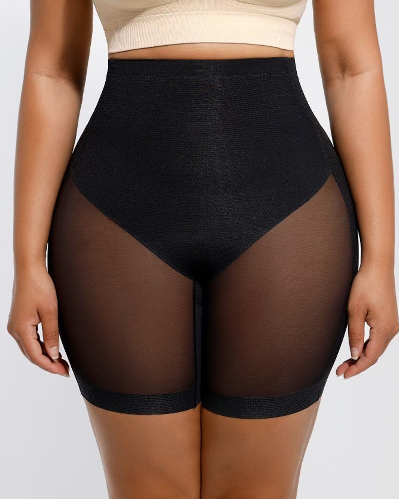 Shorts moldeadores de malla sin costuras para mujer, de cintura alta, reductor de muslos, ropa interior