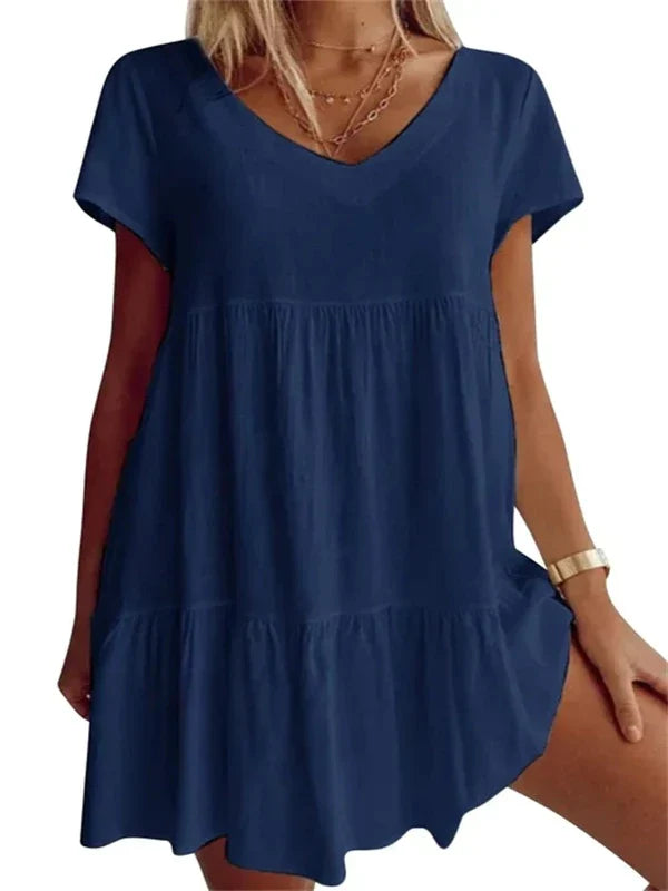 Vestido casual de manga corta con cuello en V