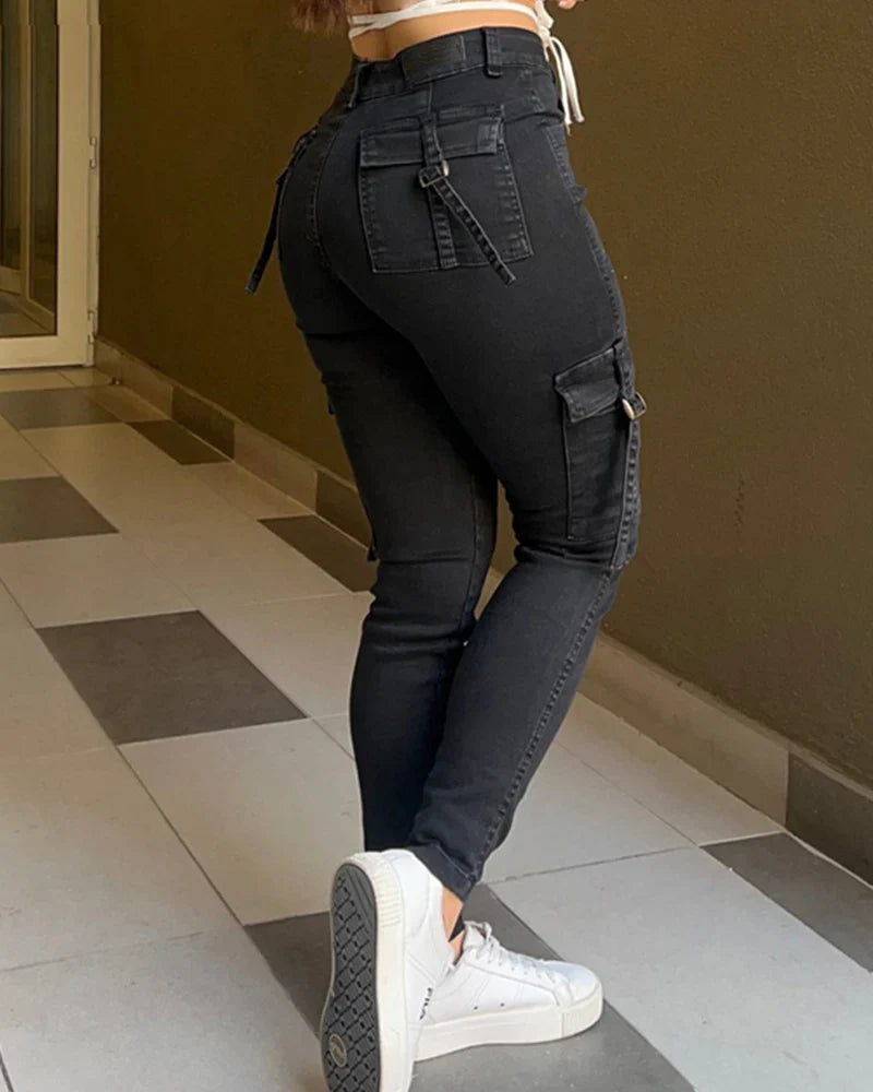 Jeans Cargo Ajustados de Cintura Alta para Mujer Shapshe® con Levantamiento de Cadera y Bolsillos Grandes