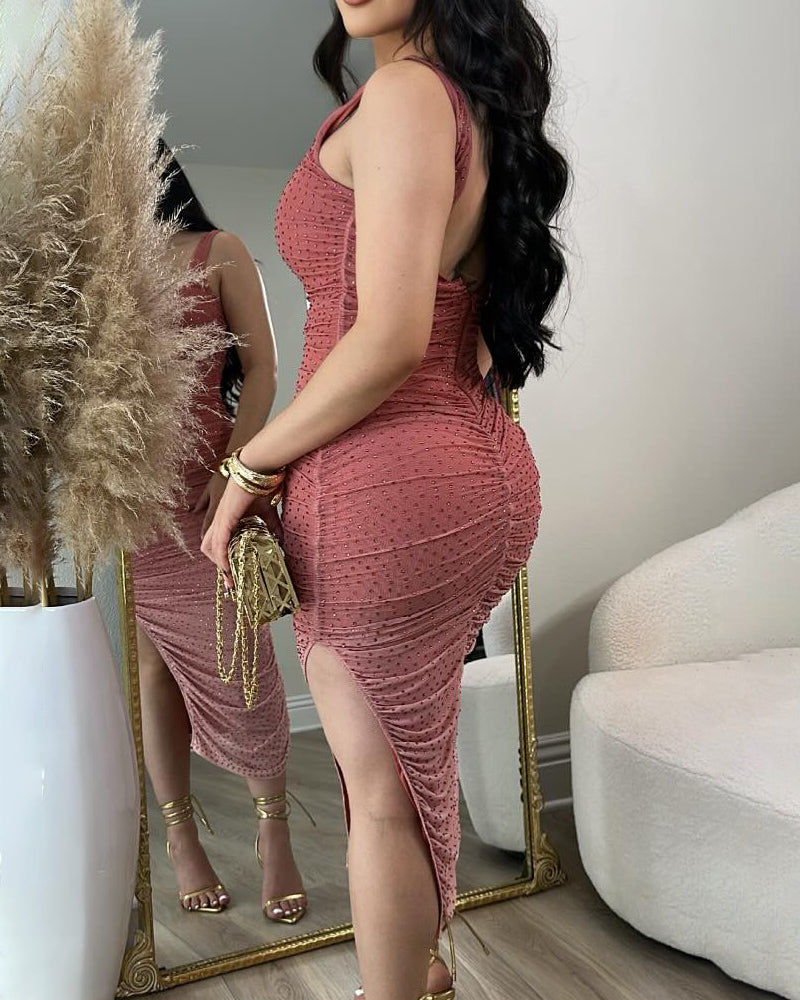 Vestido Bodycon con Cuello Cuadrado, Lentejuelas, Fruncido y Dobladillo Asimétrico