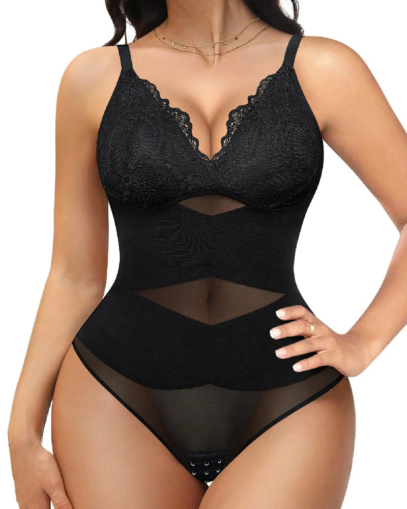 Body de mujer con control de abdomen, escote en V, tanga, corsé modelador, camisetas de encaje moldeadoras