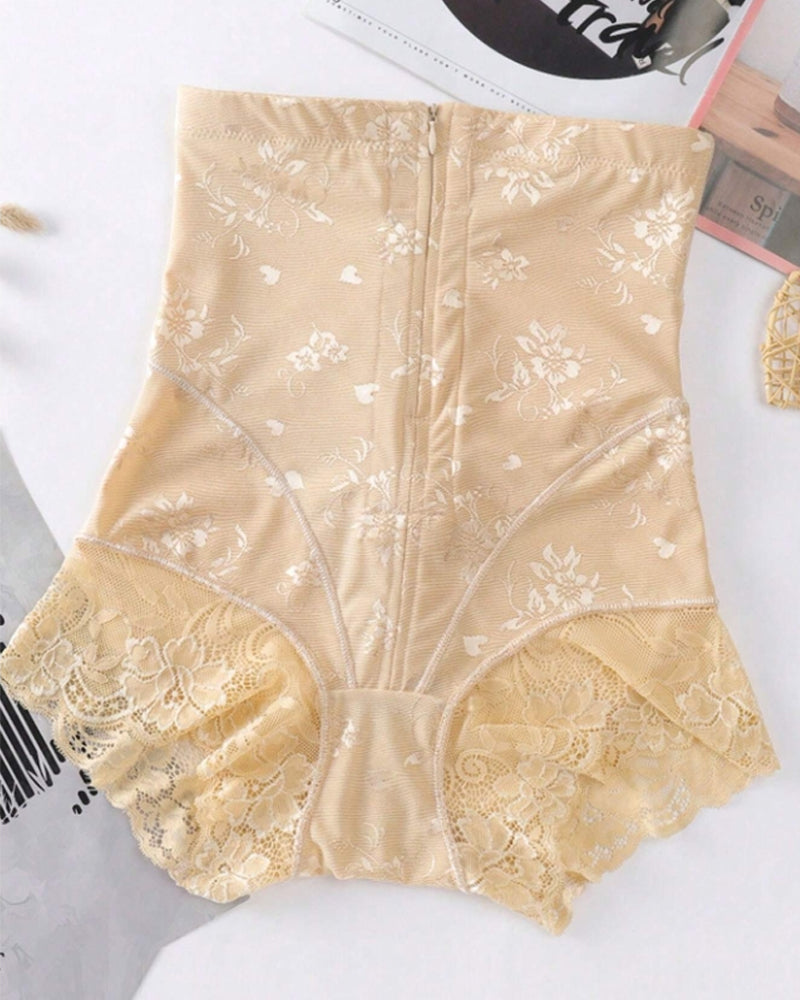 Bragas moldeadoras de cintura alta para mujer con encaje floral, cremallera y control de abdomen