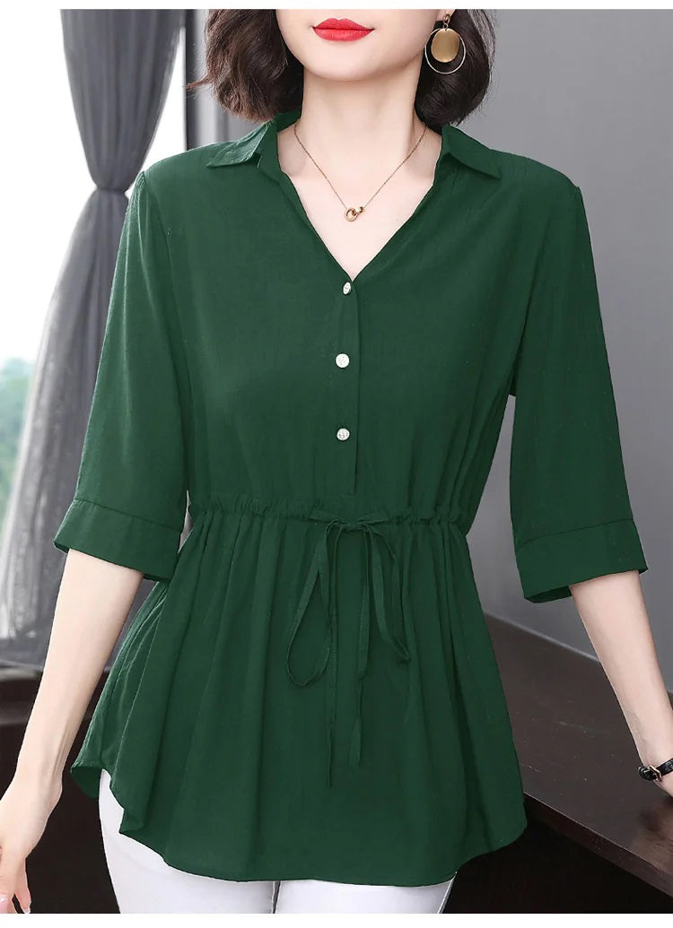 Camisa holgada con cuello en V de longitud media para mujer
