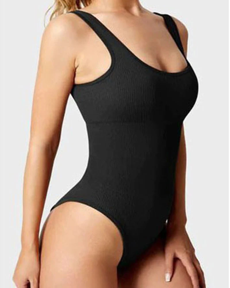 Body de Moldeador Femenino Sexy Sin Mangas con Cuello Cuadrado y Diseño Acanalado