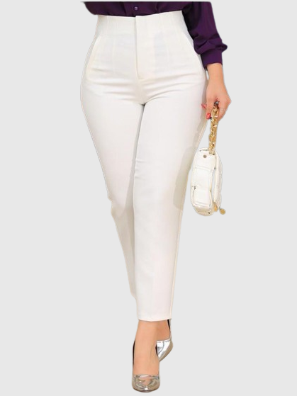 Pantalones de Mujer a Medida con Pliegues, Cintura Alta y Bolsillos Laterales, de 9 Puntos