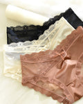 Panties de cintura media-alta para mujer con patrón de corazón, encaje en el borde y combinación de malla