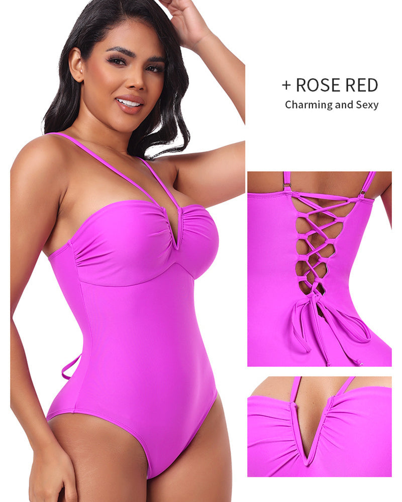 Traje de baño enterizo moldeador con tiras, escote halter en V y copa triangular sexy
