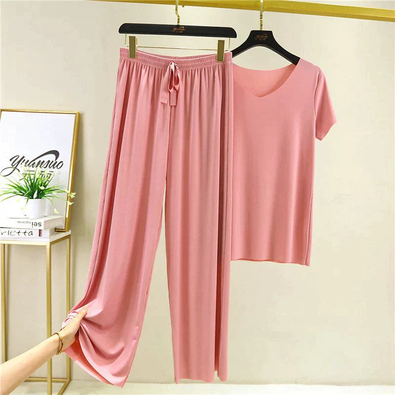 Camiseta de manga corta suave y cómoda de seda helada, pantalones sueltos de pierna ancha，conjunto de dos piezas