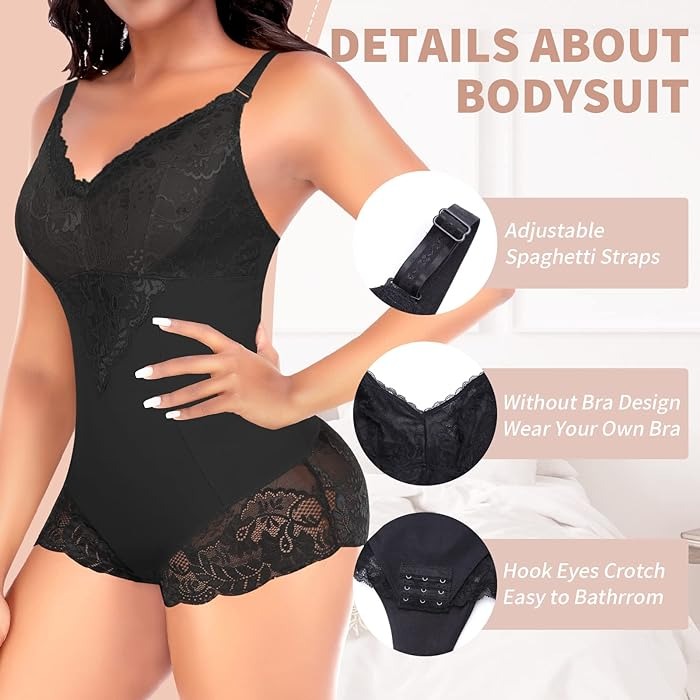 Body moldeador de cuerpo completo con control de abdomen, escote en V y encaje