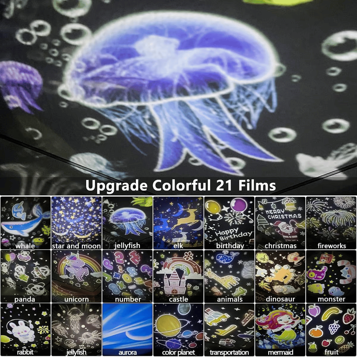 🌙 Proyector Nocturno Infantil – 15 Películas, Luz Suave y Carga por USB, Perfecto para Dormir o Jugar 🎥✨