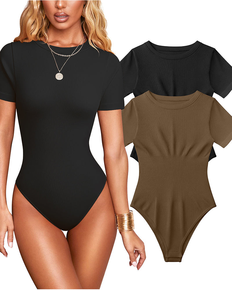 Mujer Sexy Body de Tirantes Cortos con Cuello Redondo, Control de Abdomen y Diseño de Tanga de Punto Acanalado