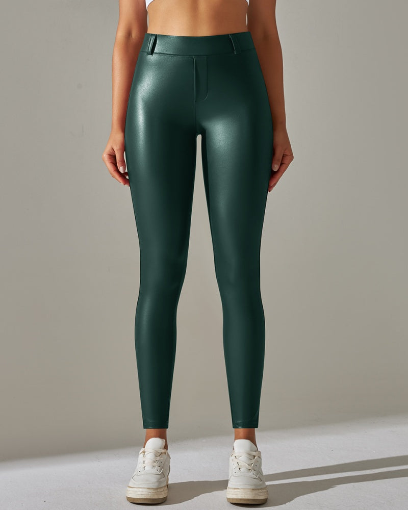 Pantalones de cuero PU de cintura alta ajustados para deportes y yoga slim