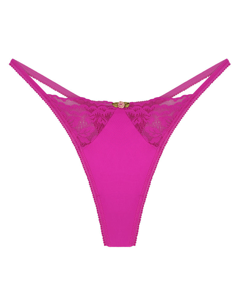 Tanga Sexy Elástica con Encaje Hueco, Cintura Baja y Decoración de Flores, Bikini