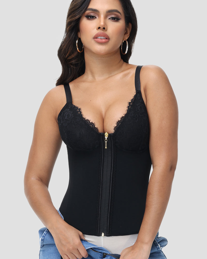 Shapshe® Top Corset de Encaje con Escote en V Profundo, Cinturilla Entrenadora con Cierre Frontal