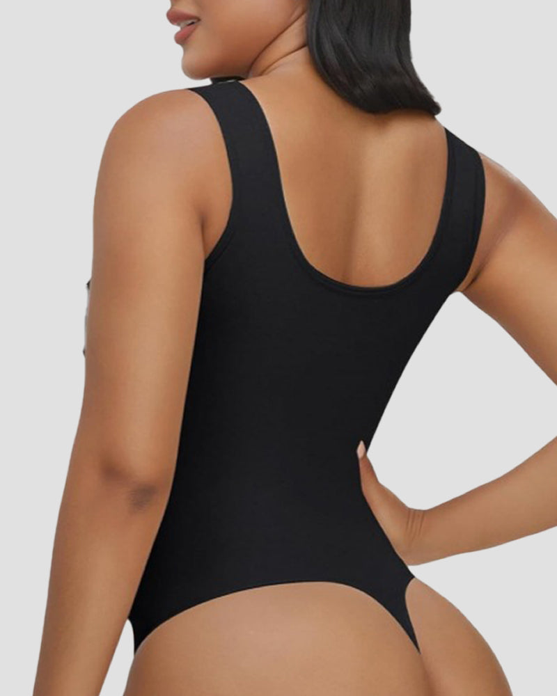 Body de control de abdomen con tiras tipo tanga y escote en U, estilo sexy