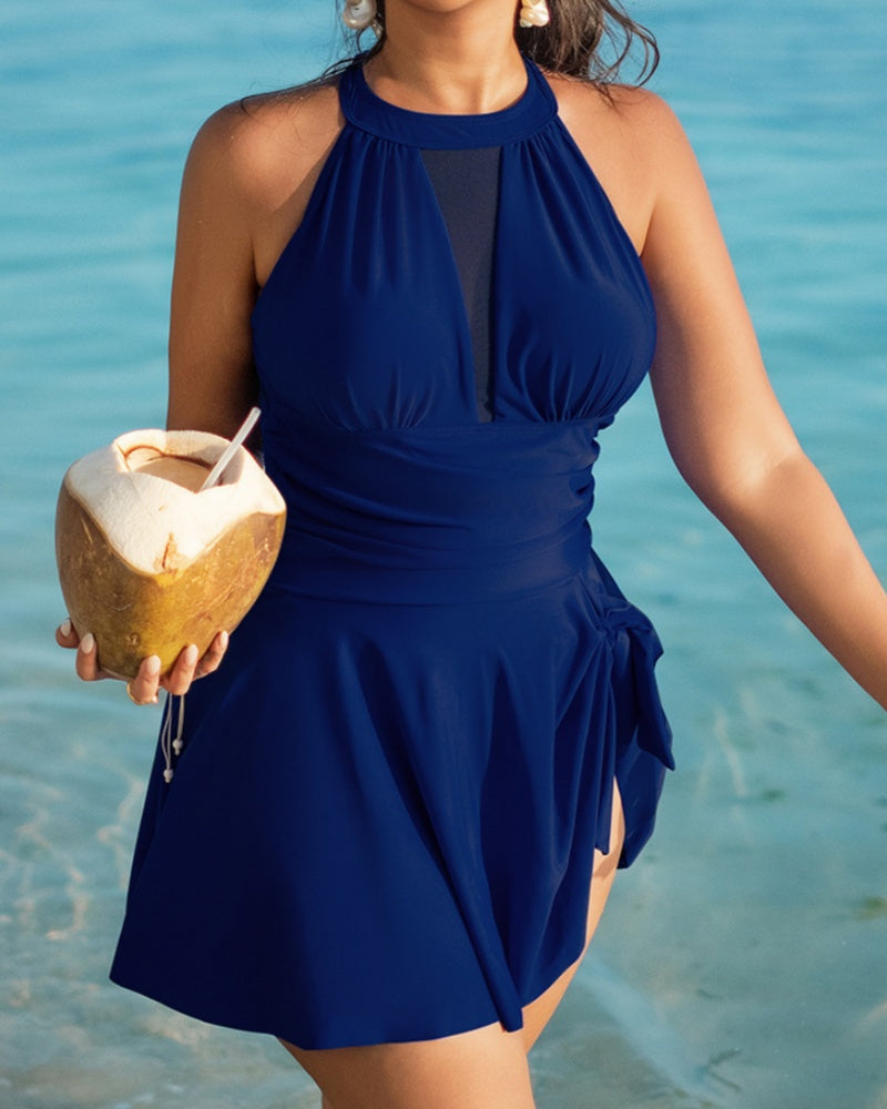 Traje de baño de talla grande con cuello halter, panel de malla, control de abdomen y lazo lateral