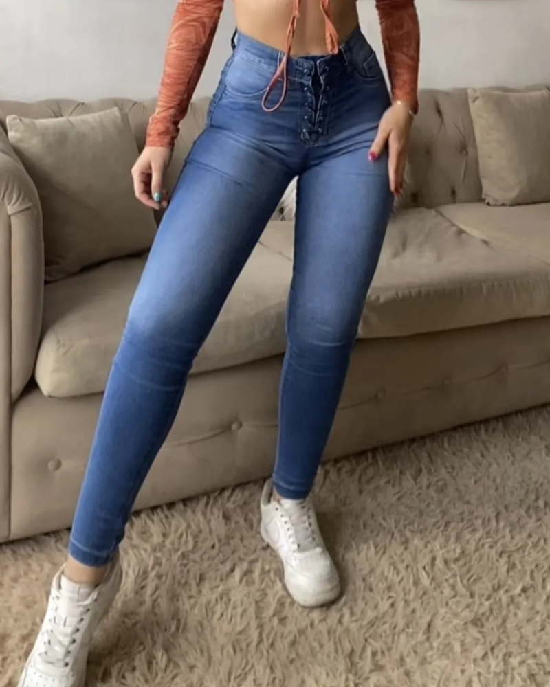Jeans ajustados de tiro alto con cordones para mujer Shapshe®