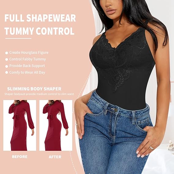 Body moldeador de cuerpo completo con control de abdomen, escote en V y encaje