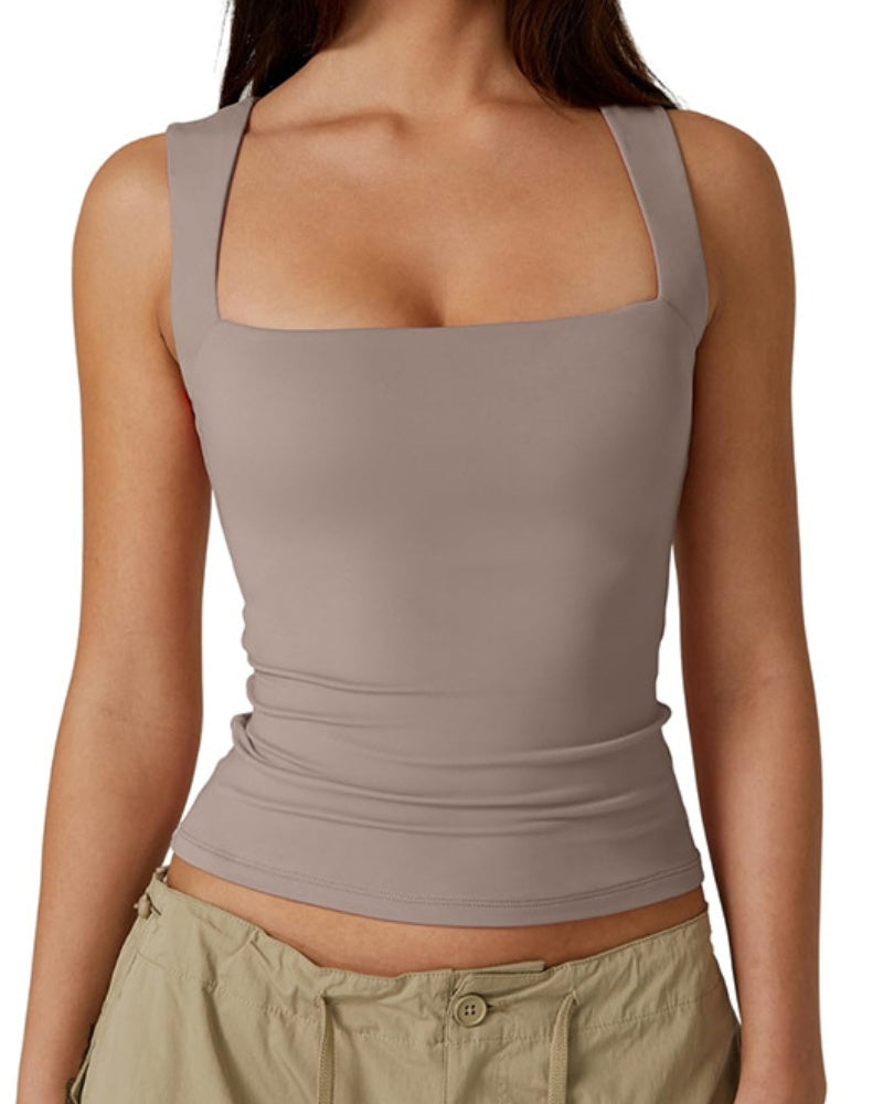 Camisetas sin mangas básicas de doble capa con escote cuadrado para mujer - Chaleco moldeador