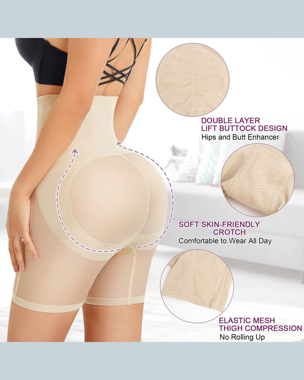 Shorts Faja de Control Abdominal Doble, Cintura Alta, Levanta Glúteos y Moldeador de Muslos