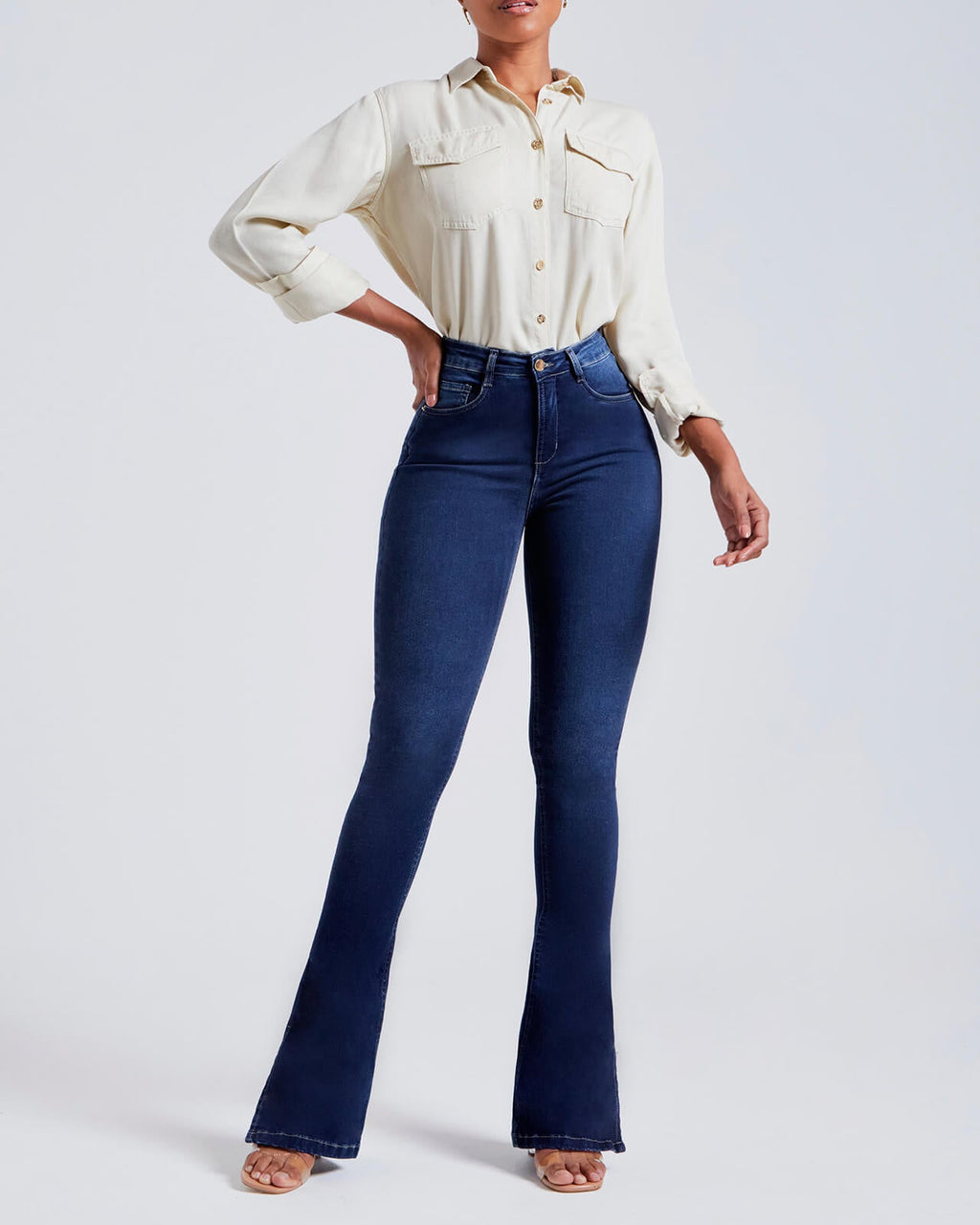 Jeans Ajustados de Tiro Alto Azul Oscuro con Levantamiento de Glúteos y Efecto Acampanado para Mujer, Pantalones Elásticos Modeladores