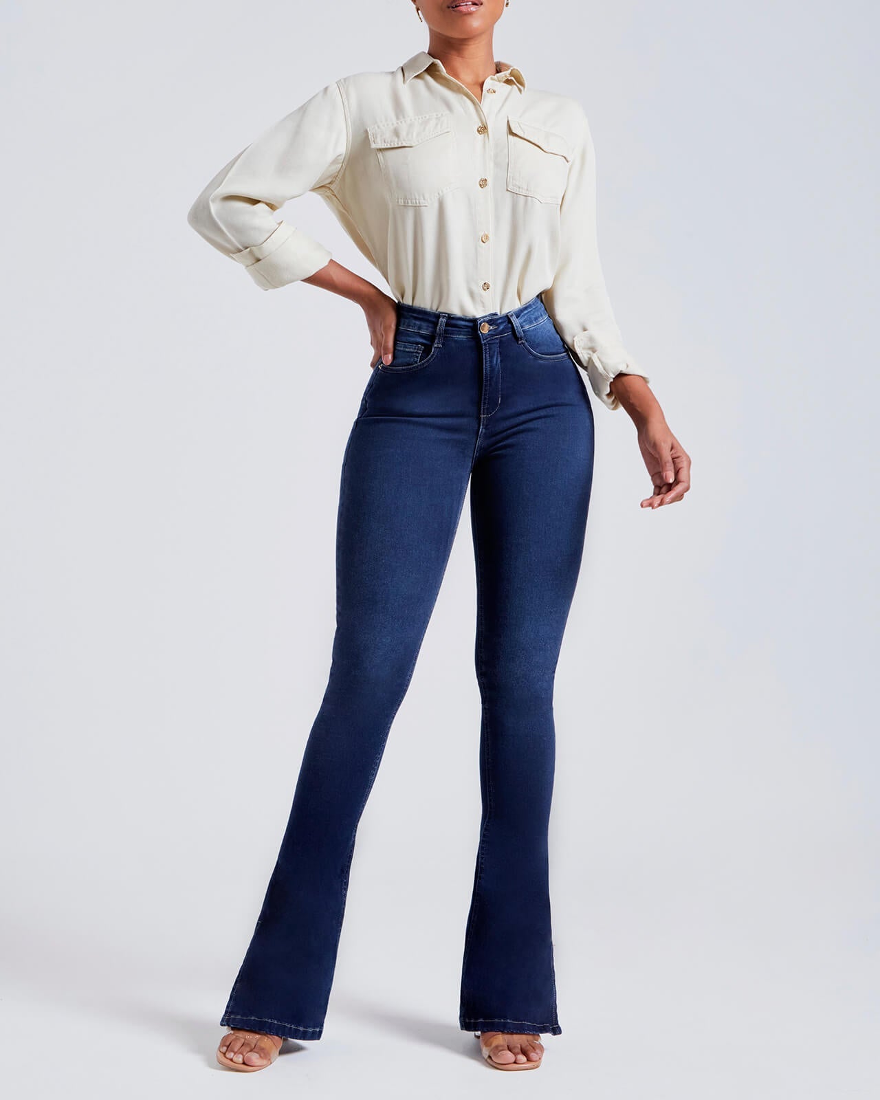 Jeans Ajustados de Tiro Alto Azul Oscuro con Levantamiento de Glúteos y Efecto Acampanado para Mujer, Pantalones Elásticos Modeladores