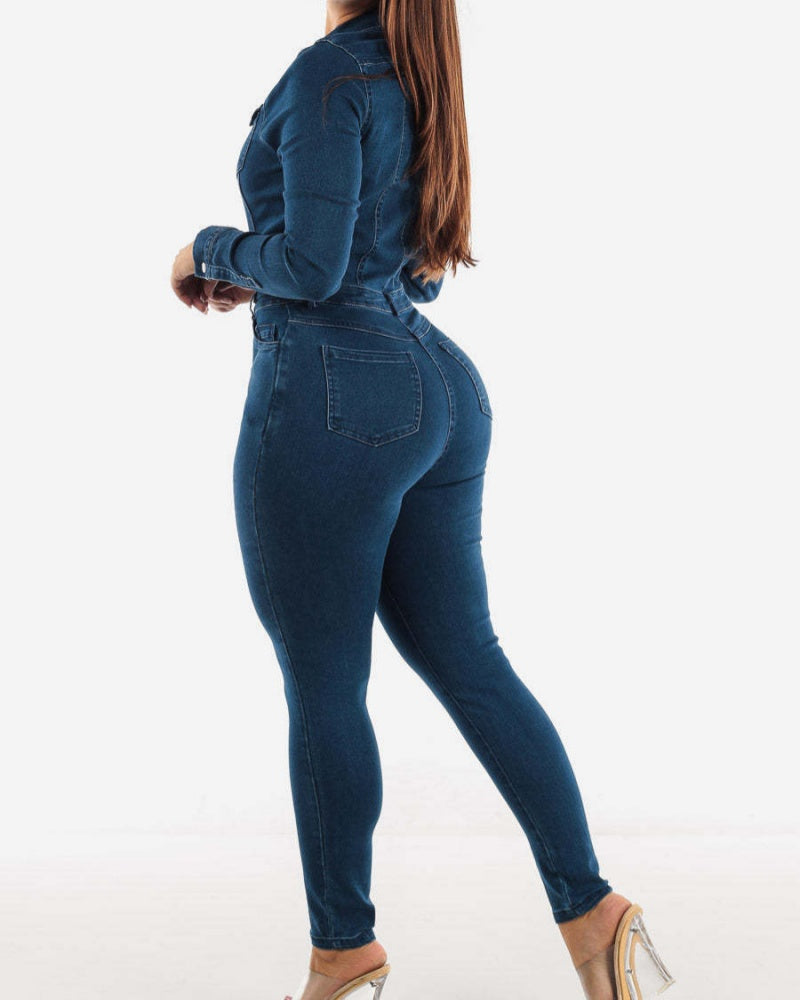 Mono tipo overol para mujer estilo jeans con levantamiento de glúteos y múltiples bolsillos
