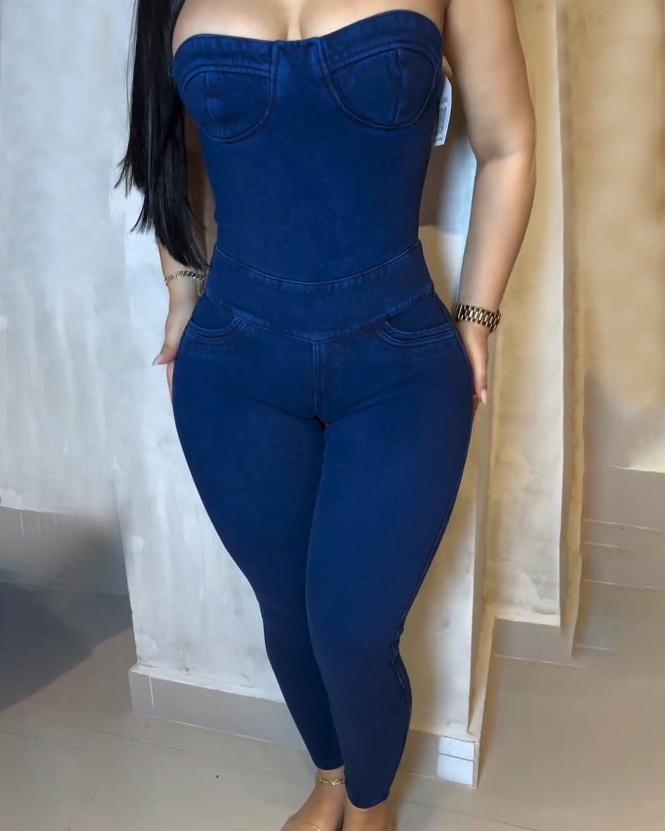 Shapshe® Enterizo de Mezclilla Ajustado para Mujer con Lazo en la Espalda tipo Bandeau