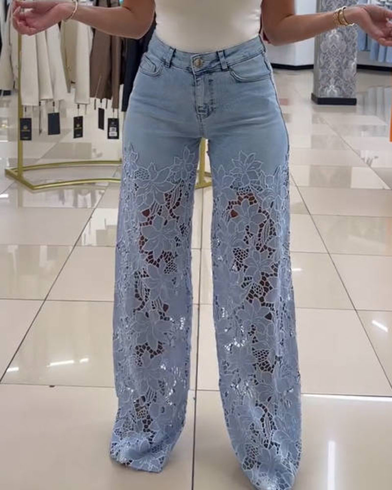 Jeans de mezclilla con recortes florales y encaje Shapshe® de pierna ancha para mujer