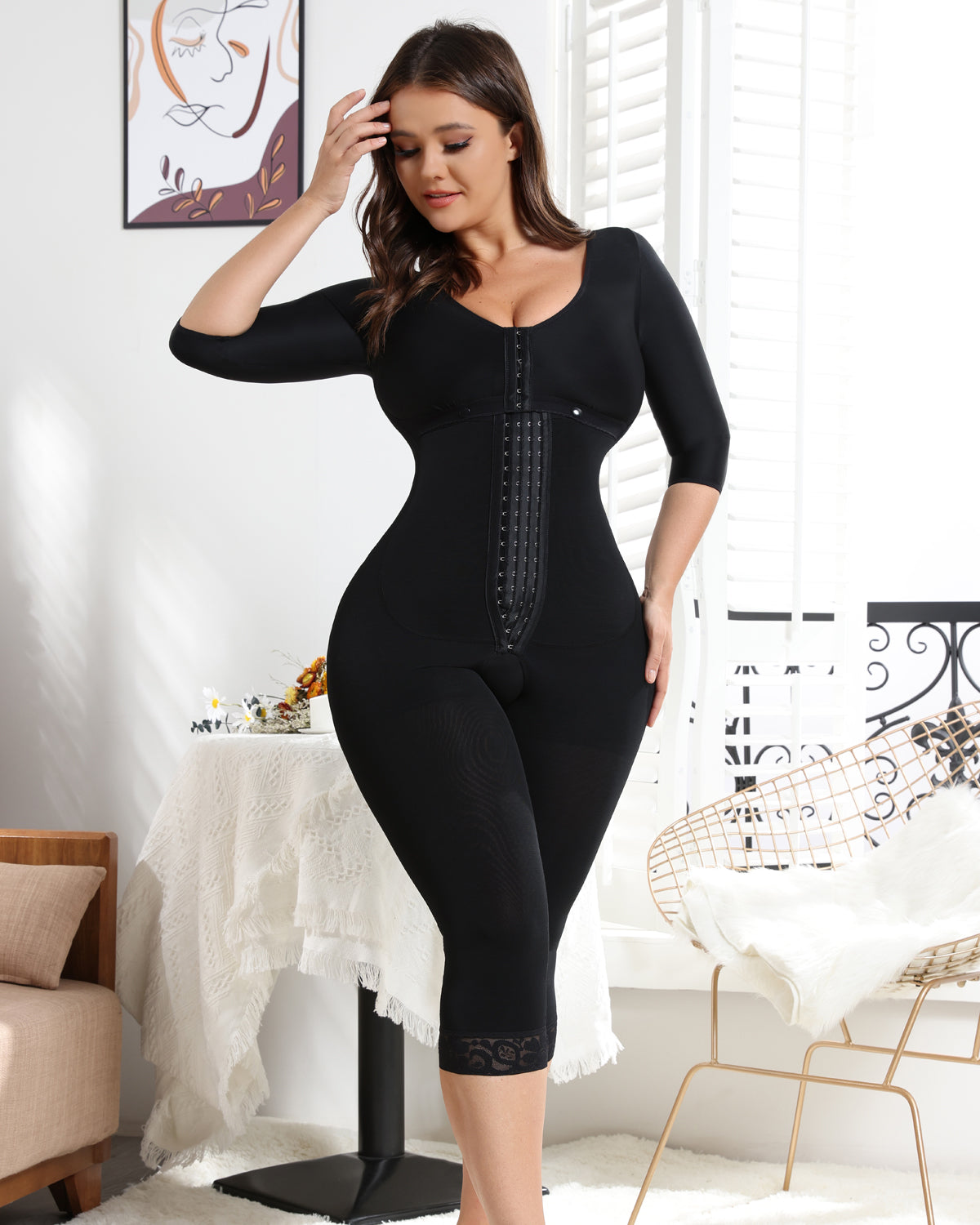 Shapshe® Enterizo Negro para Mujer de Manga Media con Control de Abdomen y Levantamiento de Glúteos Modelador
