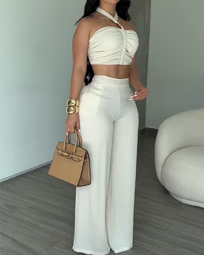 Conjunto de Dos Piezas con Cinta Trenzada y Pantalones Acampanados