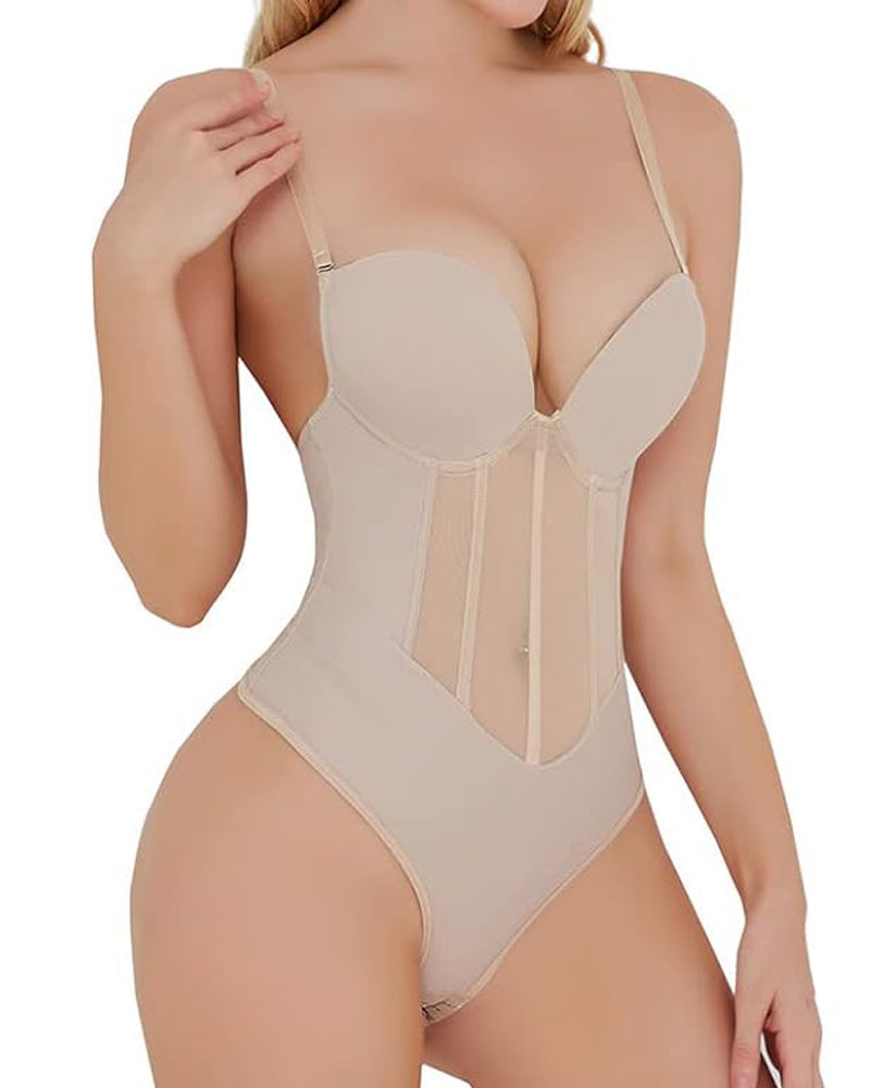 Corsé Sexy de Malla Moldeadora Body Sin Espalda con Tanga y Sostén Incorporado