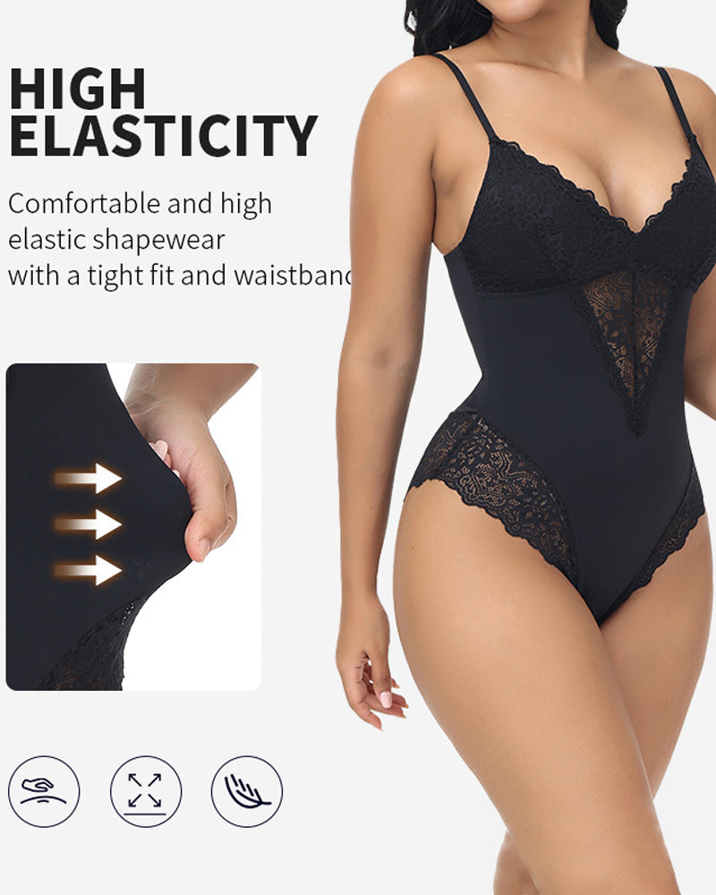 Body de encaje transparente para mujer, sin mangas, con tirantes finos tipo spaghetti, una pieza moldeadora