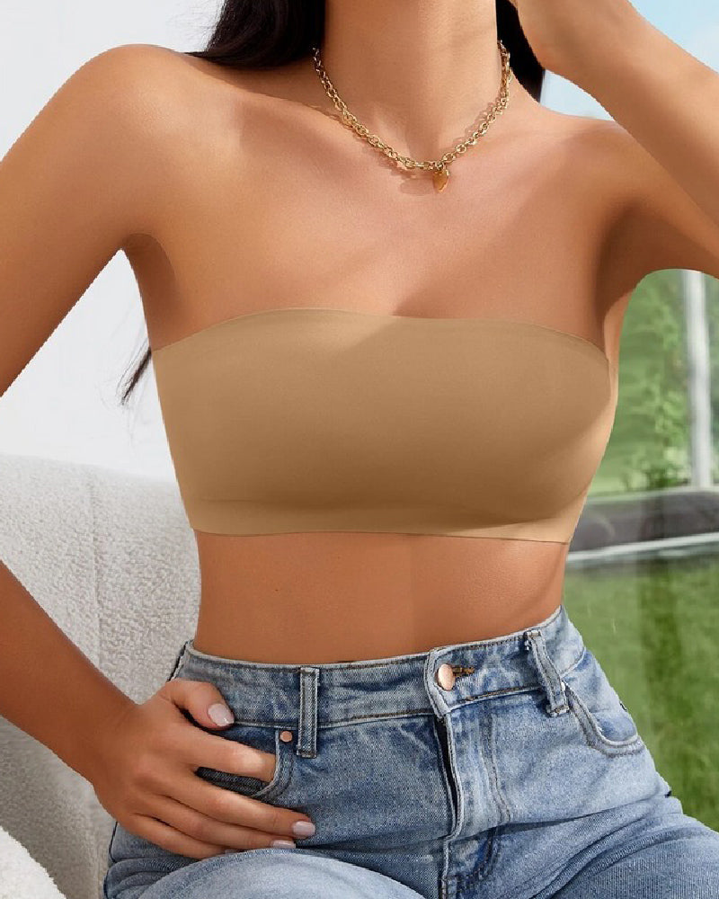 Bralette sin tirantes inalámbrico, tipo bandeau, sin costuras, elástico, sin relleno, push up