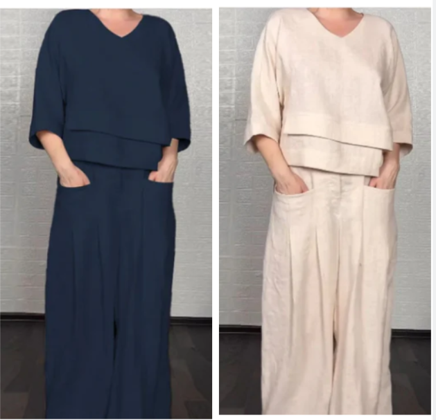 ⏰ ¡Oferta Limitada 50% OFF! 💎 Set de 2 Piezas de Algodón y Lino – Camiseta de Escote en V + Pantalones de Pierna Ancha, Transpirable y con Estilo Natural 🍂👚