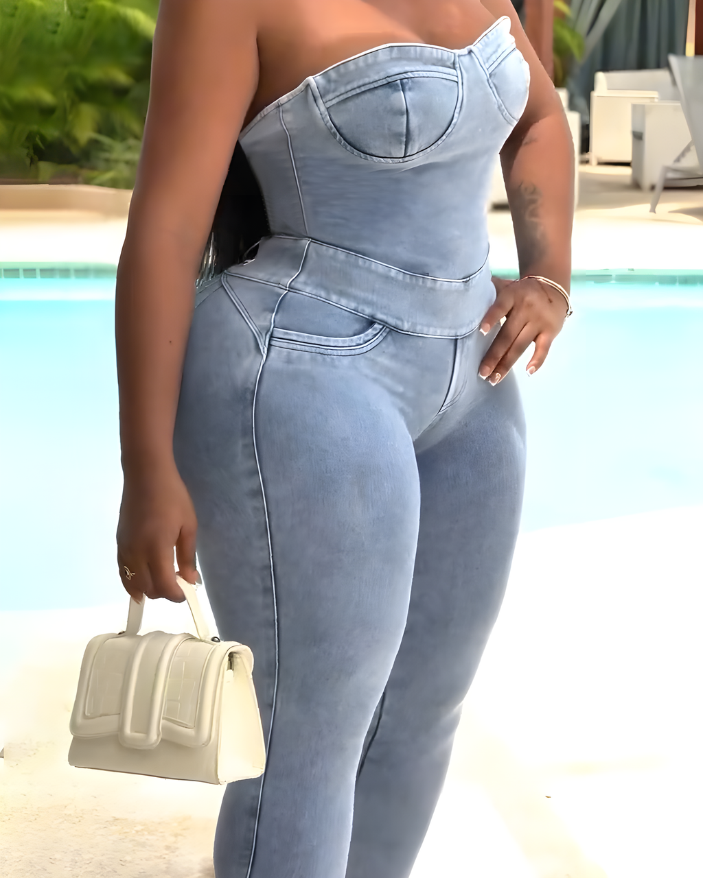 Shapshe® Enterizo de Mezclilla Ajustado para Mujer con Lazo en la Espalda tipo Bandeau