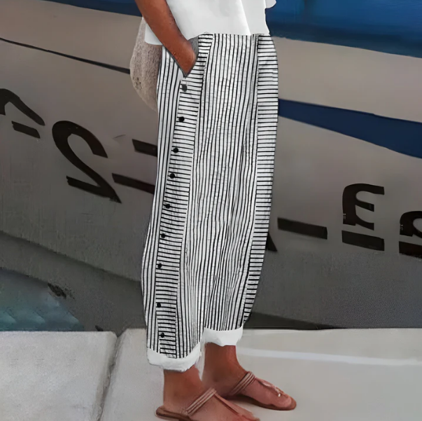 ⏰ ¡Oferta Limitada 50% OFF! 👖 Pantalones Cómodos de Rayas Azules con Bolsillos – Transpirables, Con Estilo y Perfectos para Verano 🌿✨
