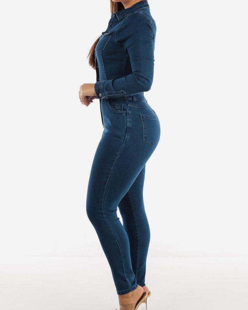 Mono tipo overol para mujer estilo jeans con levantamiento de glúteos y múltiples bolsillos