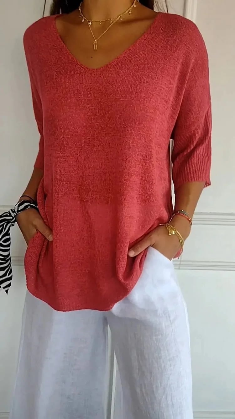 💖 Top Tejido con Cuello en V de Color Liso – Estilo Elegante y Cómodo para Cualquier Ocasión ✨👚