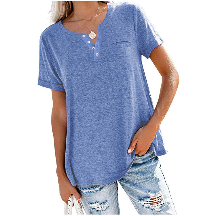 🌸40% de descuento  🌸 Camiseta de manga corta con bolsillos en color liso de algodón