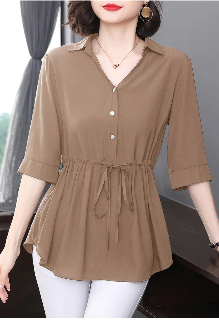 Camisa holgada con cuello en V de longitud media para mujer