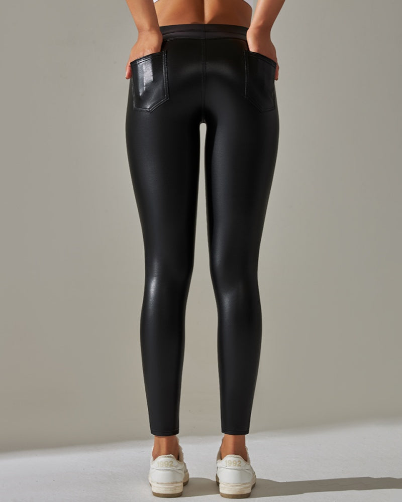 Pantalones de cuero PU de cintura alta ajustados para deportes y yoga slim