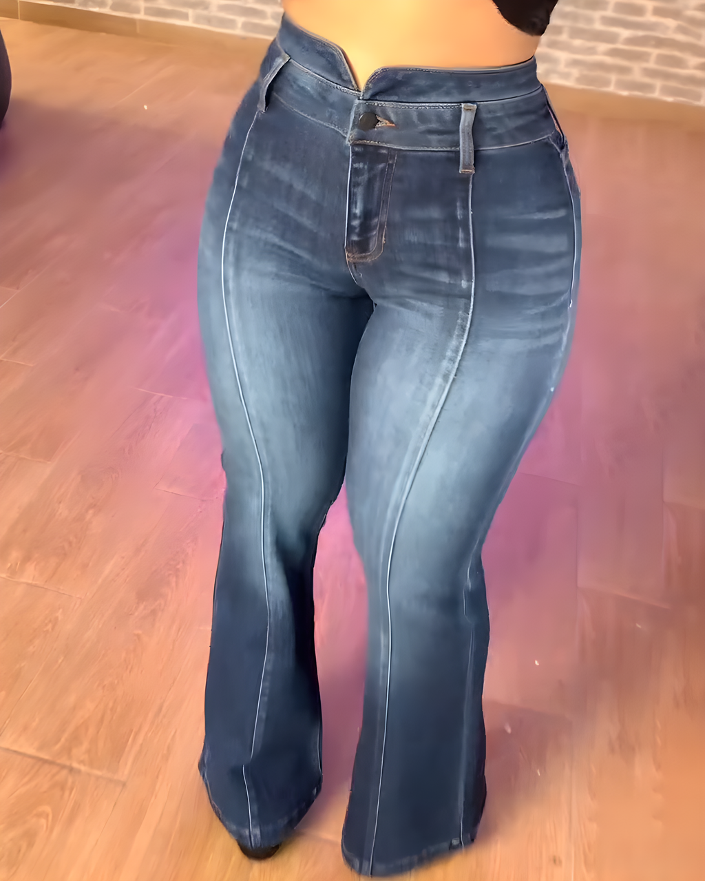 Shapshe® Denim Acampanado Lavado de Cintura Alta Trendy con Costuras Tonales