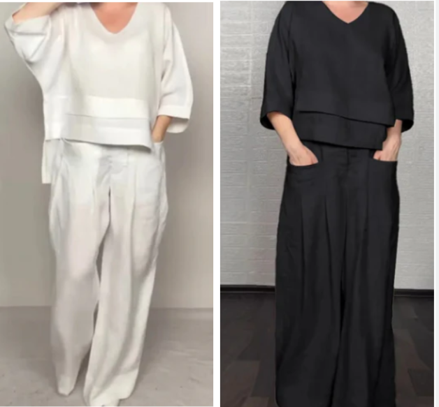 ⏰ ¡Oferta Limitada 50% OFF! 💎 Set de 2 Piezas de Algodón y Lino – Camiseta de Escote en V + Pantalones de Pierna Ancha, Transpirable y con Estilo Natural 🍂👚