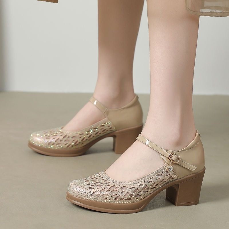 Sandalias de Tacón Cuero Suave Equilibrio Brisa Camino, Estabilidad y Confort Todo el Día