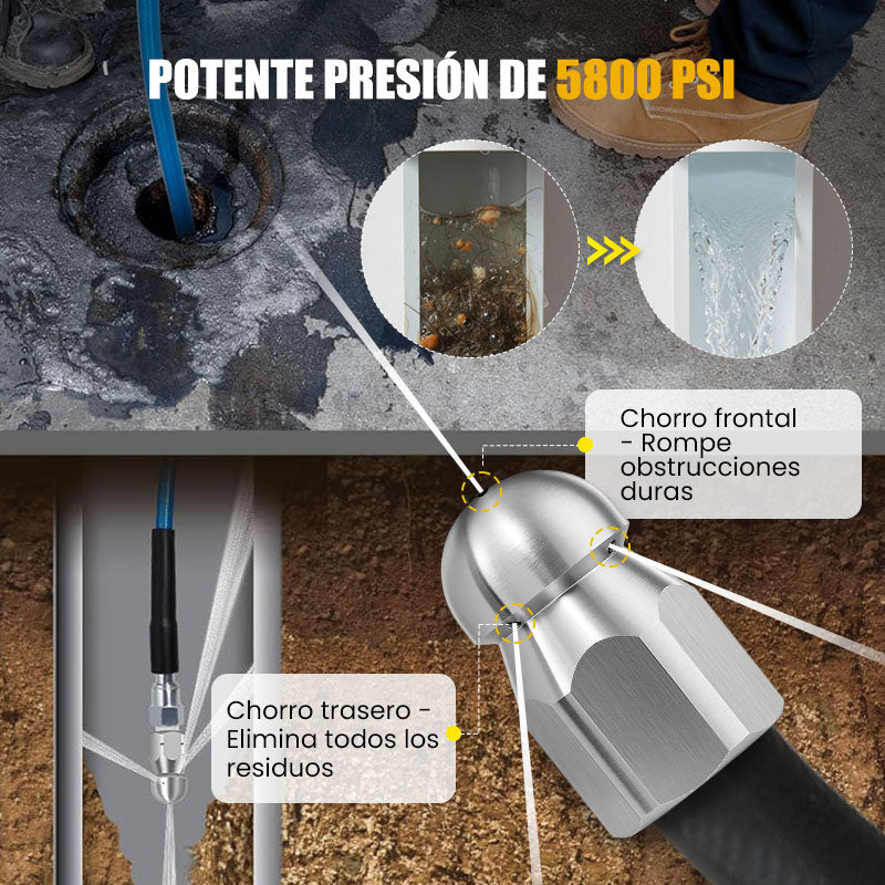 🚿 Kit de Limpieza para Alcantarillado 5800 PSI – Boquilla Rotativa y Manguera Reforzada para Desatascar Tuberías Eficazmente 🛠️💦