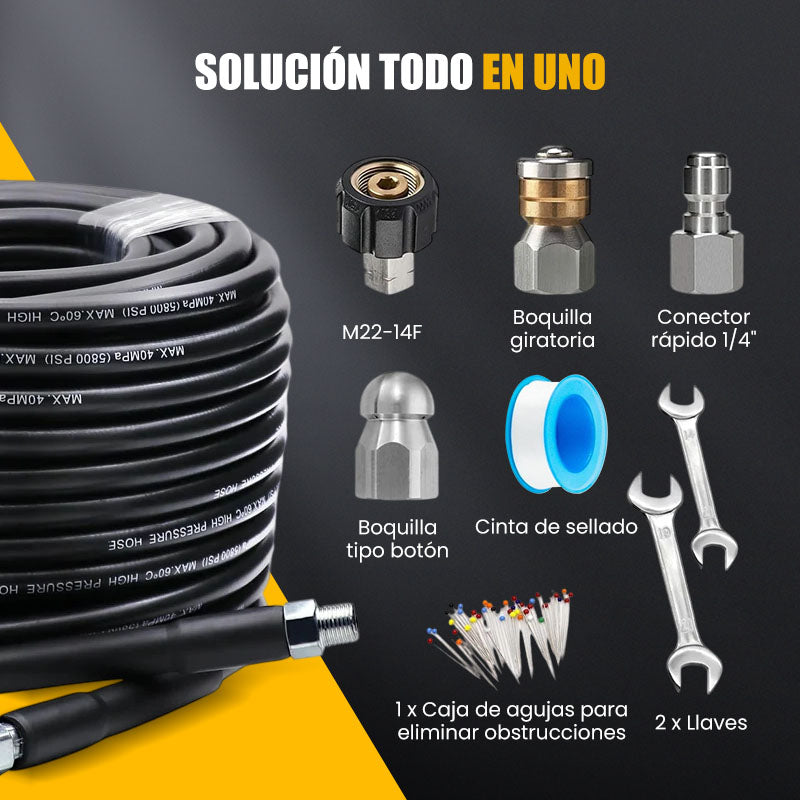 🚿 Kit de Limpieza para Alcantarillado 5800 PSI – Boquilla Rotativa y Manguera Reforzada para Desatascar Tuberías Eficazmente 🛠️💦
