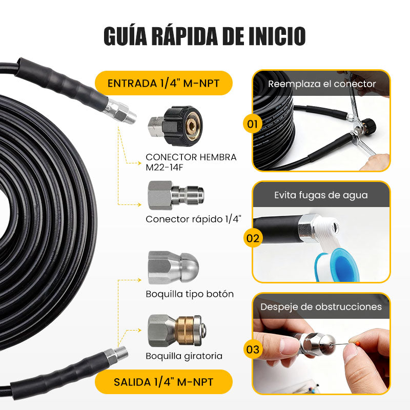 🚿 Kit de Limpieza para Alcantarillado 5800 PSI – Boquilla Rotativa y Manguera Reforzada para Desatascar Tuberías Eficazmente 🛠️💦